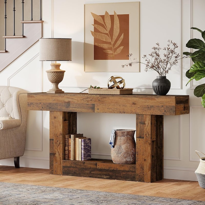 63 Inches Console Table, Farmhouse 2 Tiers Entryway Table, Sofa Table Behind Couch