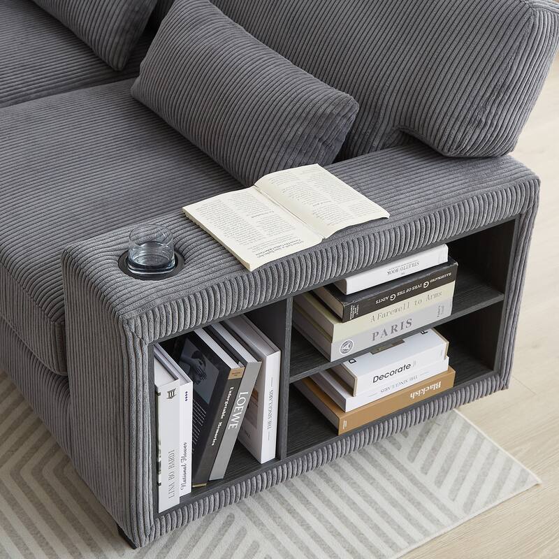 102.75" Corduroy L-Shaped Modular Sectional Sofa with Storage and Cup Holder