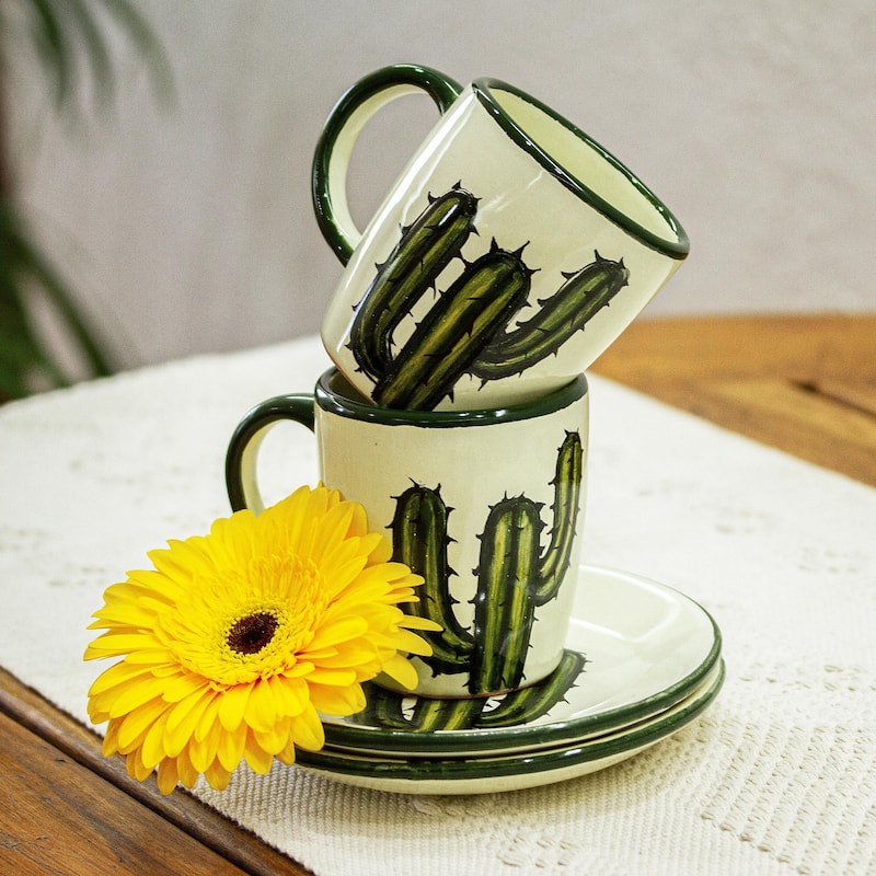 Novica Handmade Saguaro Ceramic Cups And Saucers (Pair)