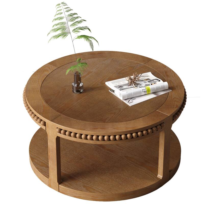 31.5 inch Round Solid Wood Coffee Table Two Tier Thickened Top Sturdy Legs Living Room Walnut