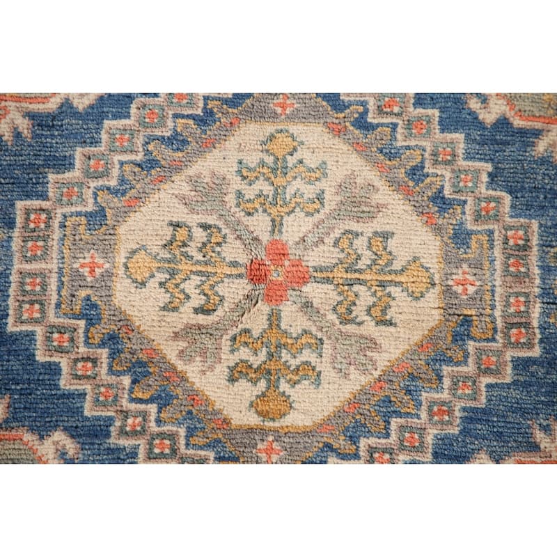Blue Geometric Kazak Oriental Area Rug Handmade Wool Carpet - 4'0"x 5'10"