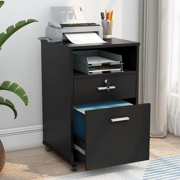 slide 2 of 21, 2 Drawer Mobile File Cabinet with Lock, Filing Cabinet Printer Stand for Letter Size Black