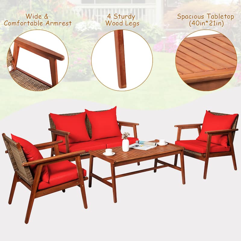 Costway 4PCS Patio Rattan Furniture Set Acacia Wood Frame Cushioned - See details