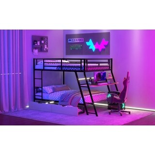 Full Size Metal Bunk Bed Built-in Desk, Light and 2 Drawers
