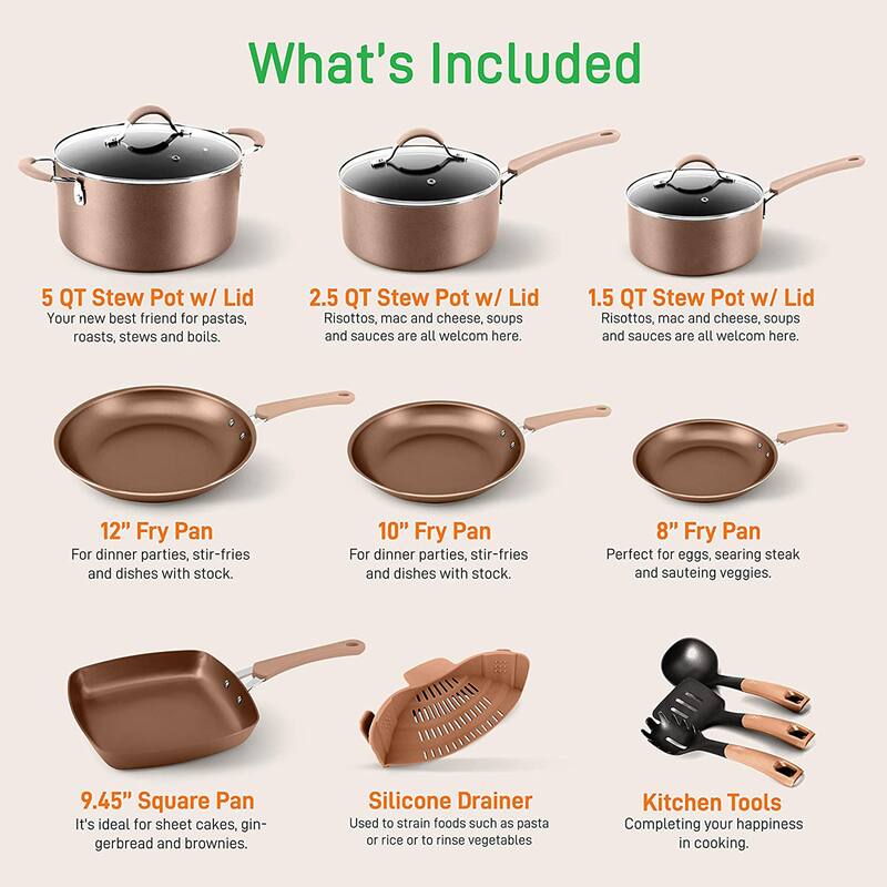 NutriChef Nonstick Cooking Kitchen Cookware Pots and Pans, 20 Piece Set, Bronze - 13 x 6.30 x 3.15 inches
