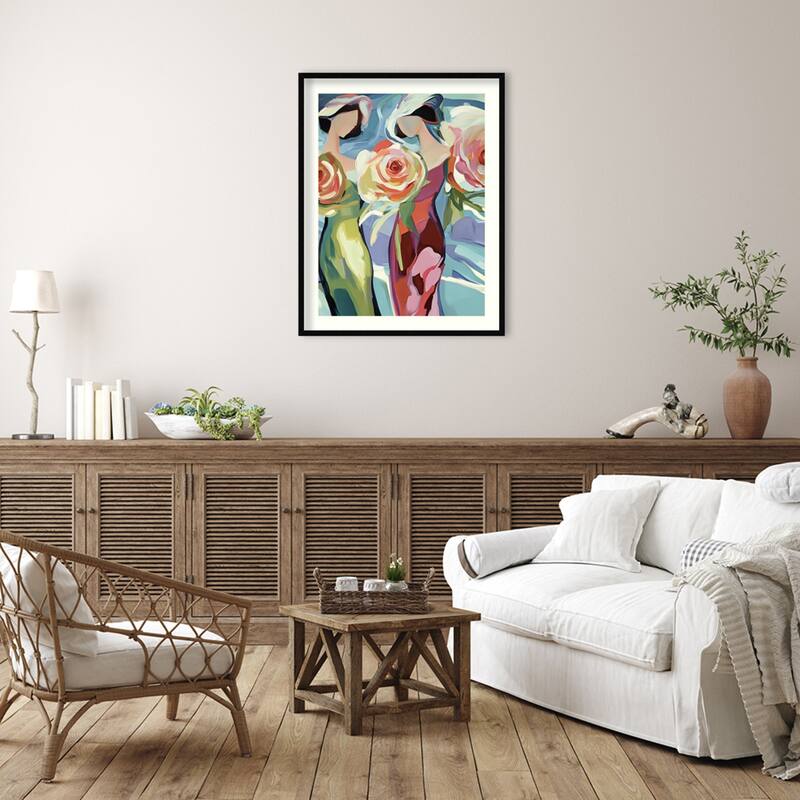 Two Women With Roses by Elena Avanesova Wood Framed Wall Art Print
