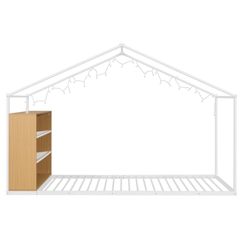 Full Size House Bed Frame with Metal Slats, Built-in Shelves, and LED Lights, Fun Playhouse Design for Kids