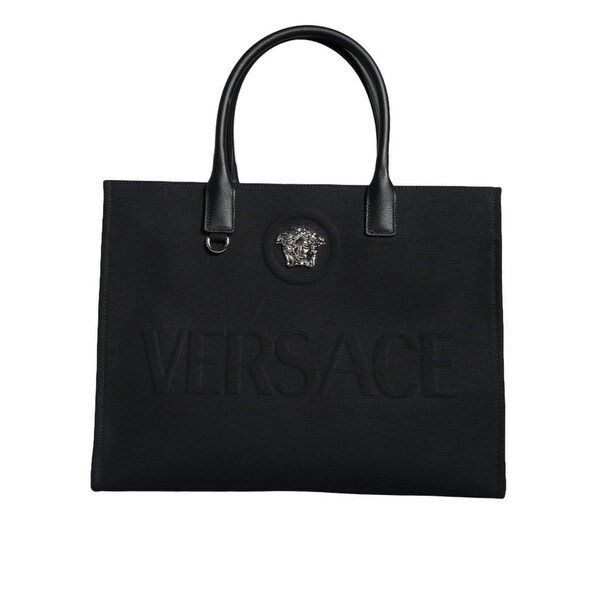 VERSACE ショップ袋 黒 Versace Black Top Handle Canvas Leather Logo Shopping Tote Women's
