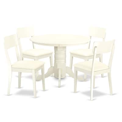 HomeStock 5-Piece Round Linen White Finish Solid Wood Top Dining Table with 4 Chairs with Lattice Back
