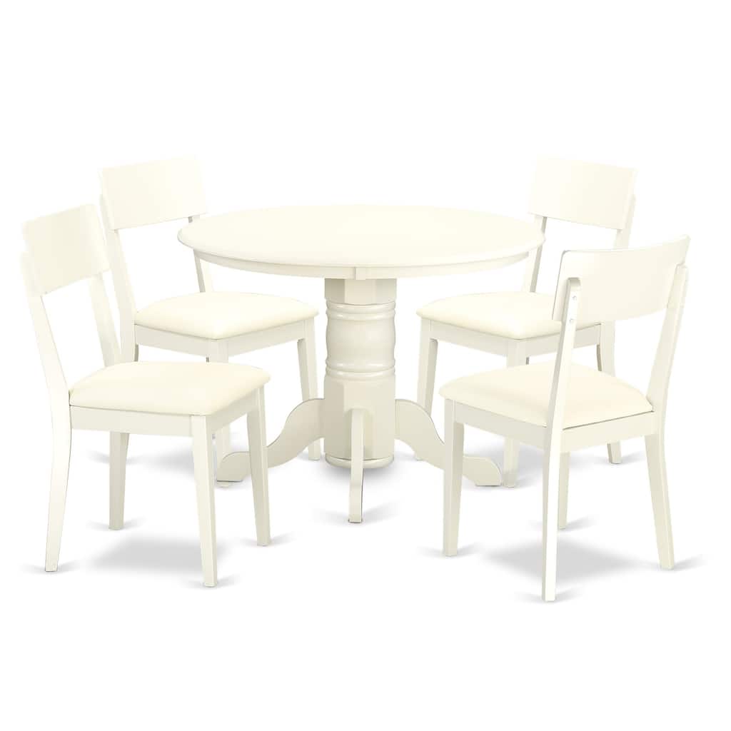 HomeStock 5-Piece Round Linen White Finish Solid Wood Top Dining Table with 4 Chairs with Lattice Back