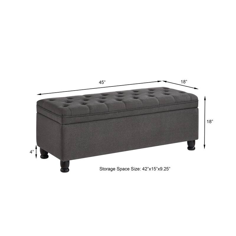 Upholstered tufted button storage bench with spindle wooden legs