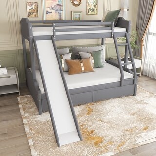Twin over Full Size Upholstery Bunk Bed with Two Drawers and Slide ...