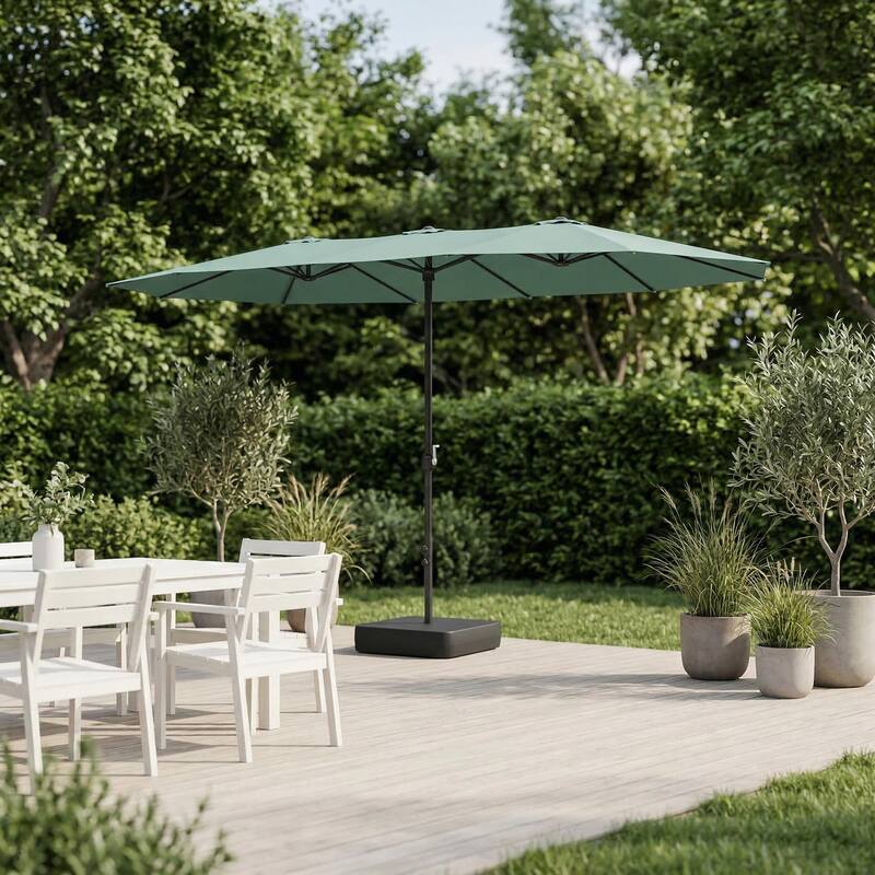 15ft x 9ft Double Patio Umbrella with Base and Sandbags, Extra Large Twin Outdoor Market Umbrella with Auto Tilt, 180g Polyester