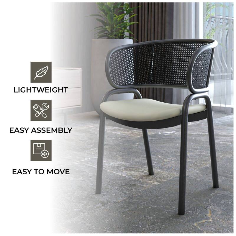 Ervilla Modern Upholstered Accent Side Chair with Wicker Back and Black Iron Legs for Dining Room & Kitchen, Set of 2