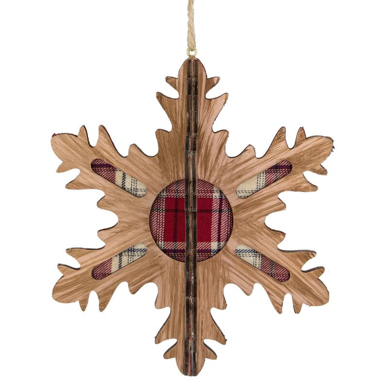 7-Inch 3-D Faux Wood Red Plaid 10 Point Snowflake Christmas Ornament