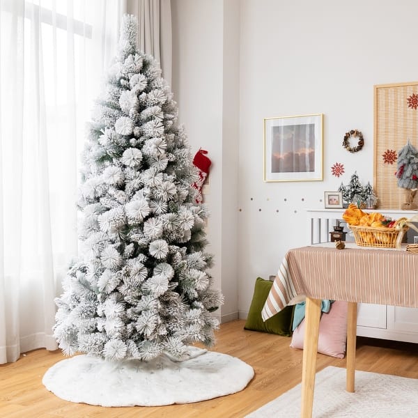 slide 2 of 26, Gymax 5/6/7 FT Artificial Hinged Christmas Tree Snow-Flocked Xmas Tree - See Details 7 Foot