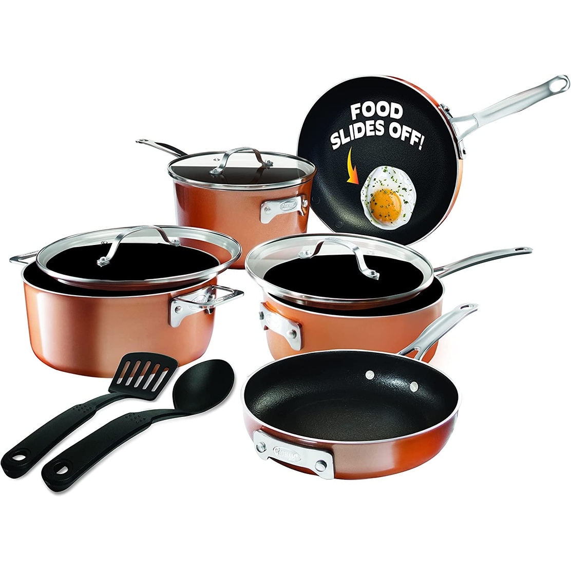 Stackable Pots and Pans Stackmaster 10 Piece Cookware Set with Ultra  Nonstick Cast Texture Ceramic Coating, Copper - Bed Bath & Beyond - 37523230