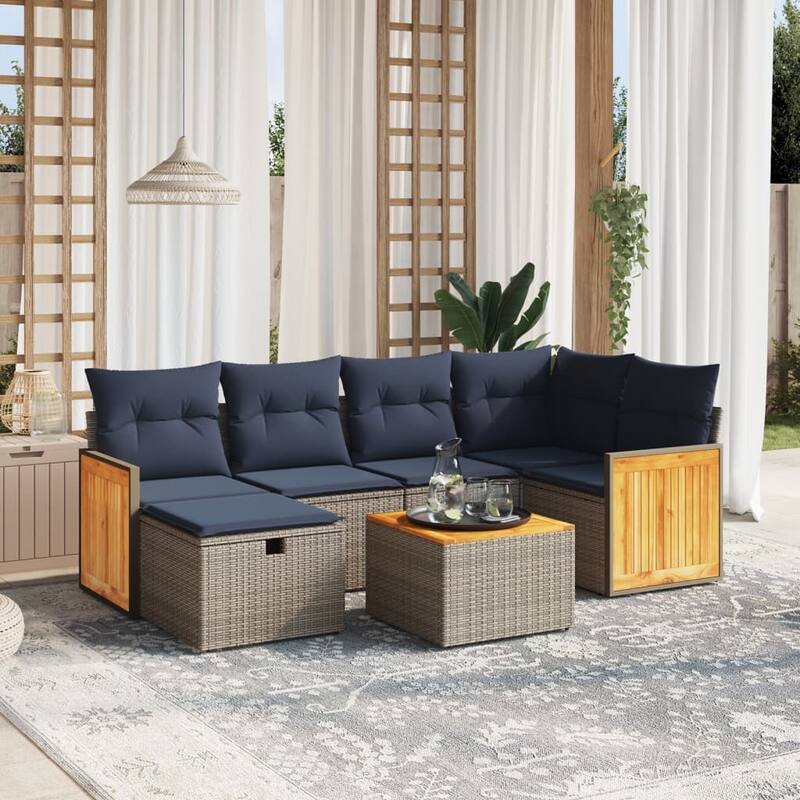 vidaXL Patio Sofa Set with Cushions Outdoor Conversation Furniture Poly Rattan - Gray with table - 24.4" x 24.4" x 27.2"