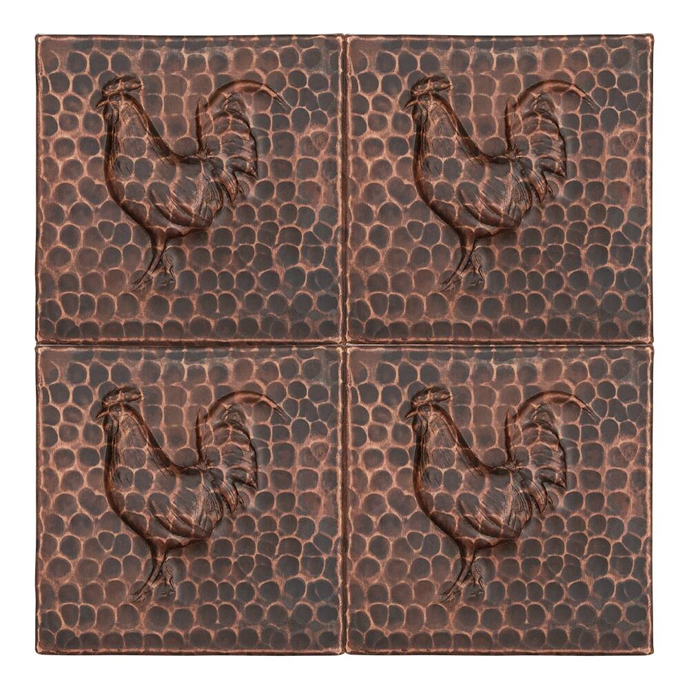 4" x 4" Hammered Copper Rooster Tile - Quantity 4 (T4DBR_PKG4)
