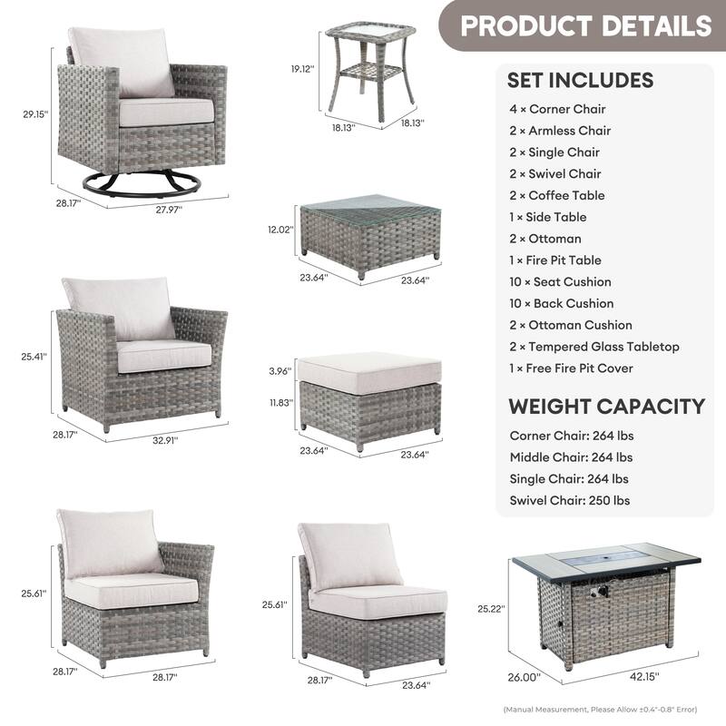 XIZZI 16-piece Outdoor Patio Wicker Furniture Sectional Set with Fire Pit