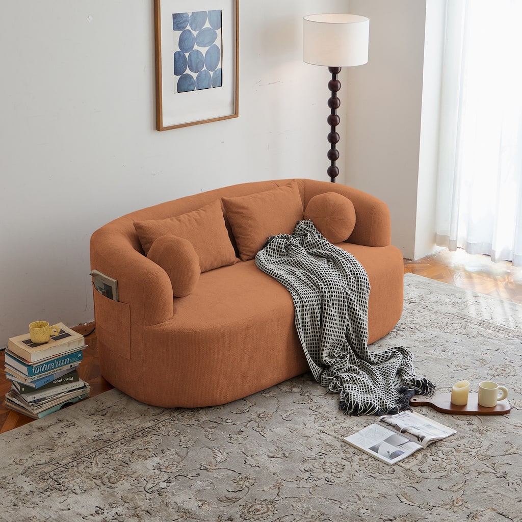 Modern Memory Foam Couch 2-Seater Sofa with 4 Throw Pillows, Round Armrests, for Living Rooms, Bedrooms and Apartments, Orange