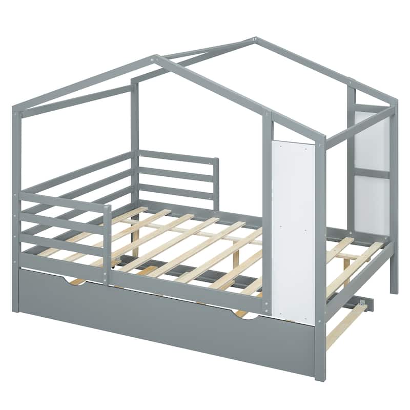 Wood House Bed with Fence and Writing Board