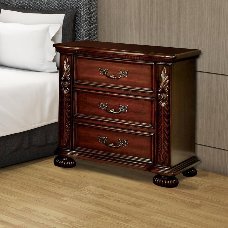 Traditional 1pc Nightstand Solid wood 3-Drawers Bedside Table Pewter Hanging Pull Grand Design Bedroom Furniture