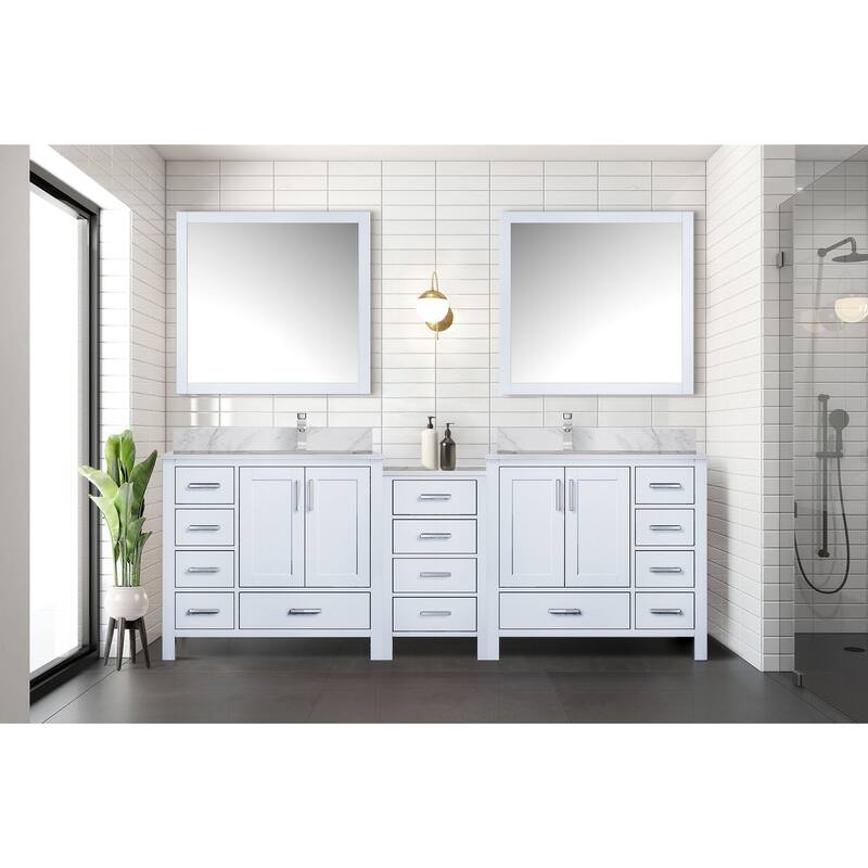 Coraline 102 in W x 22 in D Double Bath Vanity, Carrara Marble Top, Faucet Set, and 34 in Mirrors