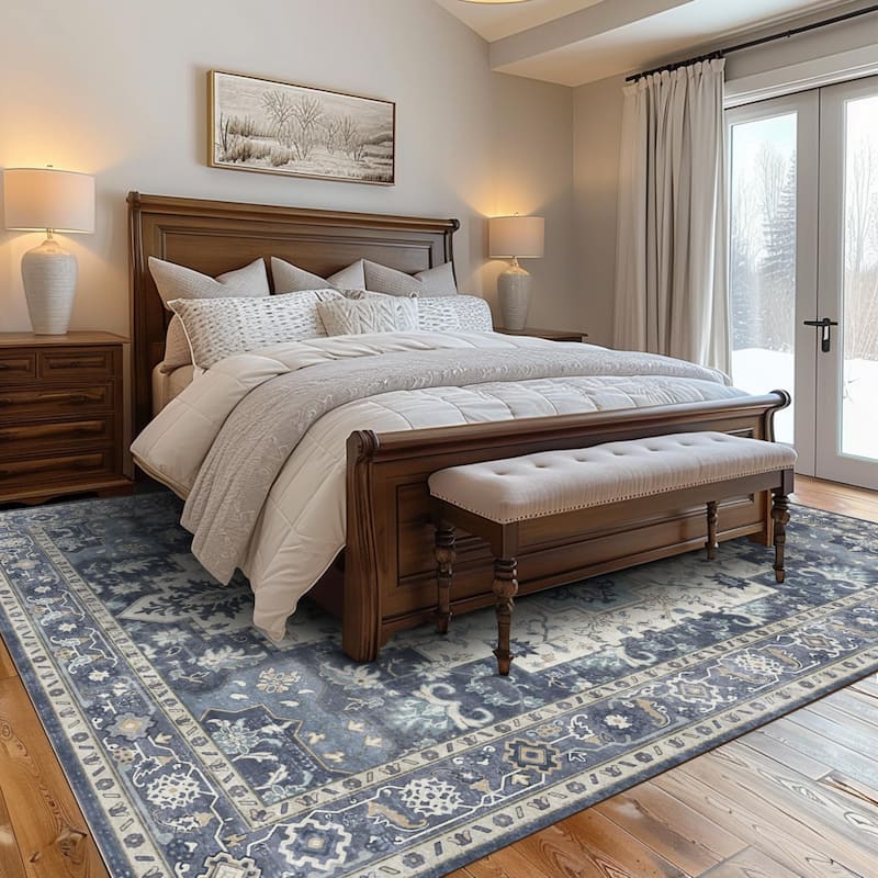 Mcow Floral Faded Low Pile Machine Washable Non-Slip Area Rug