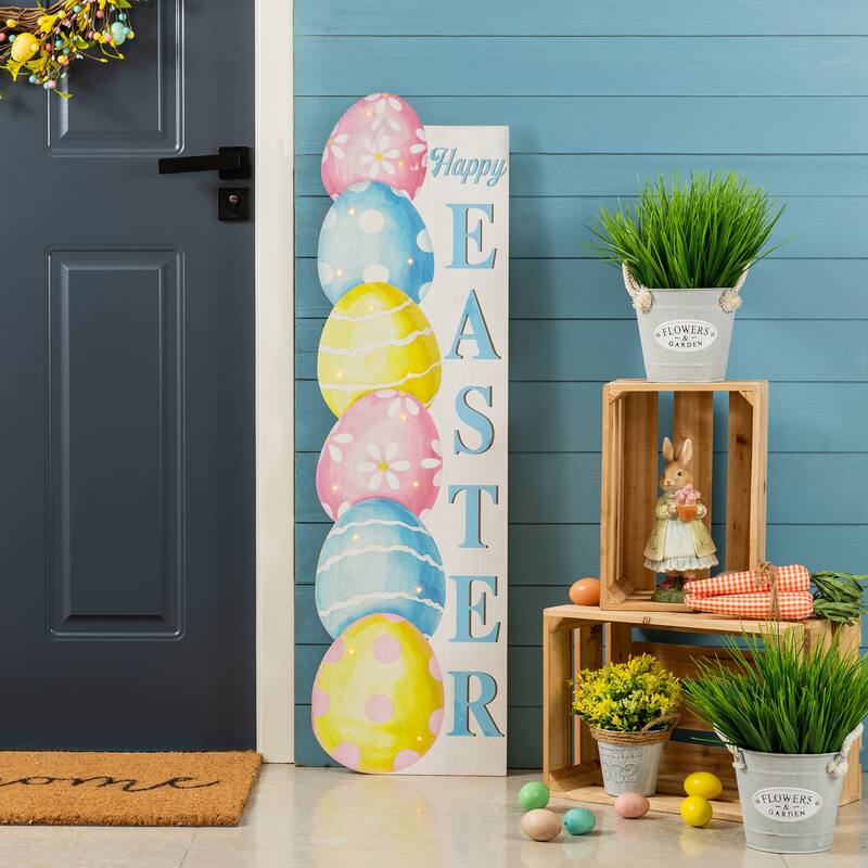 Glitzhome 42"H Lighted Wooden Stacked Eggs Happy Easter Porch Sign with Timer