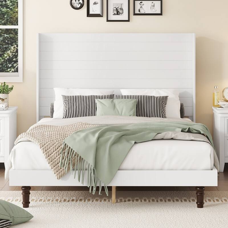 Wooden Tall Headboard Platform Bed - Queen - White