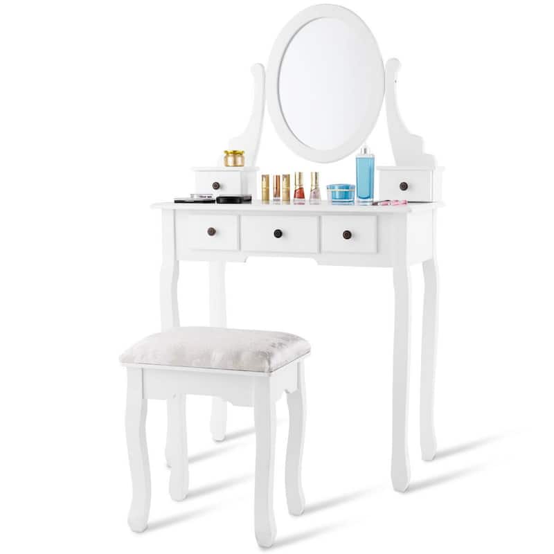 Costway Makeup Desk Vanity Dressing Table Oval Stool 5 Storage Drawers