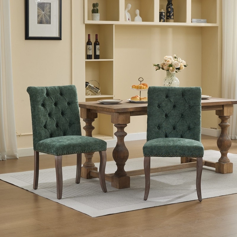 Set of 2Chenille Tufted Dining Chair with Curved Solid Wood Legs