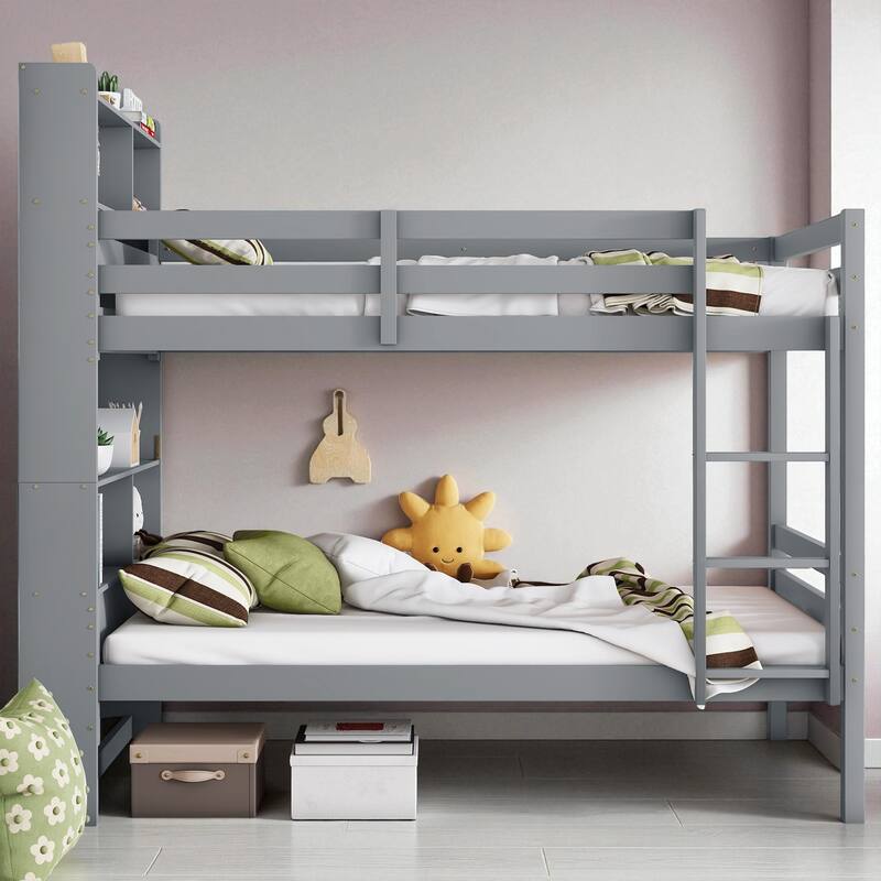 Twin Over Twin Bunk Bed with Shelves Headboard, Solid Rubber Wood Frame with Guardrails, Ladder, and Convertible Design - Grey - Twin