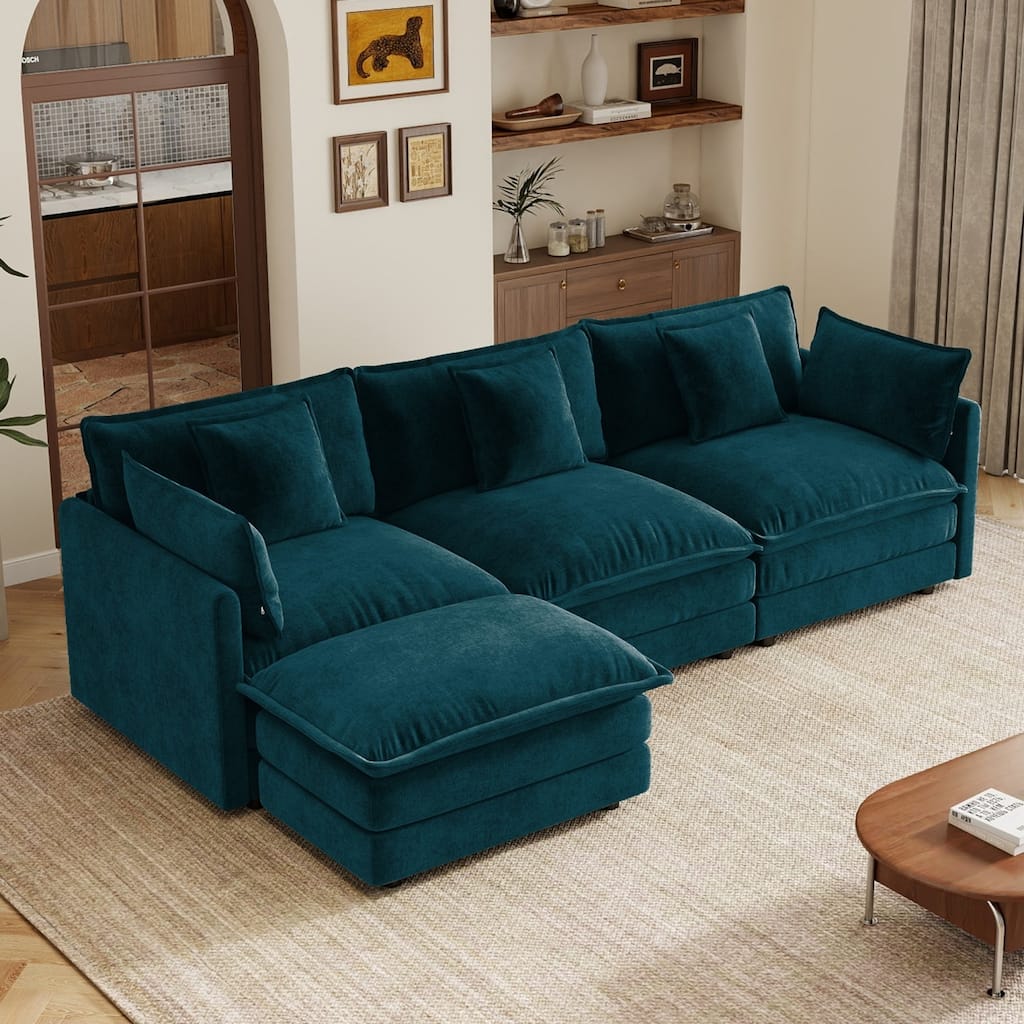 103.8" Chenille Sectional Sofa with Pillows and Movable Ottoman
