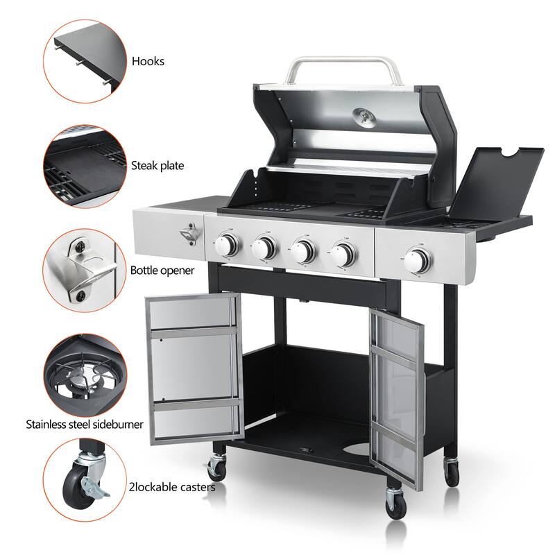 4-Burner Propane Gas Stainless Steel BBQ Grill with Side Burner and Enameled Cast Iron Cooking Grids for Outdoor Barbecue