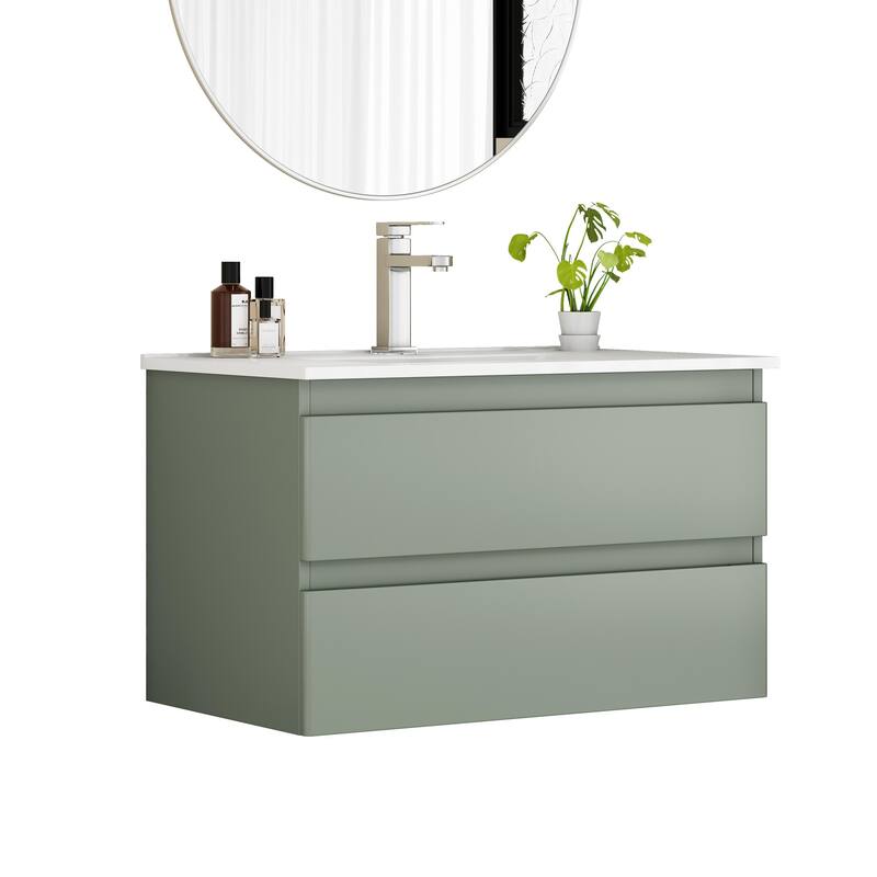 32 Inch Floating Bathroom Vanity with One-piece Ceramic Sink, Wall Mounted Cabinet with 2 Drawers