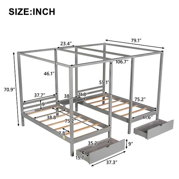 Nestfair Twin Size Double Canopy Platform Beds with Two Drawers and
