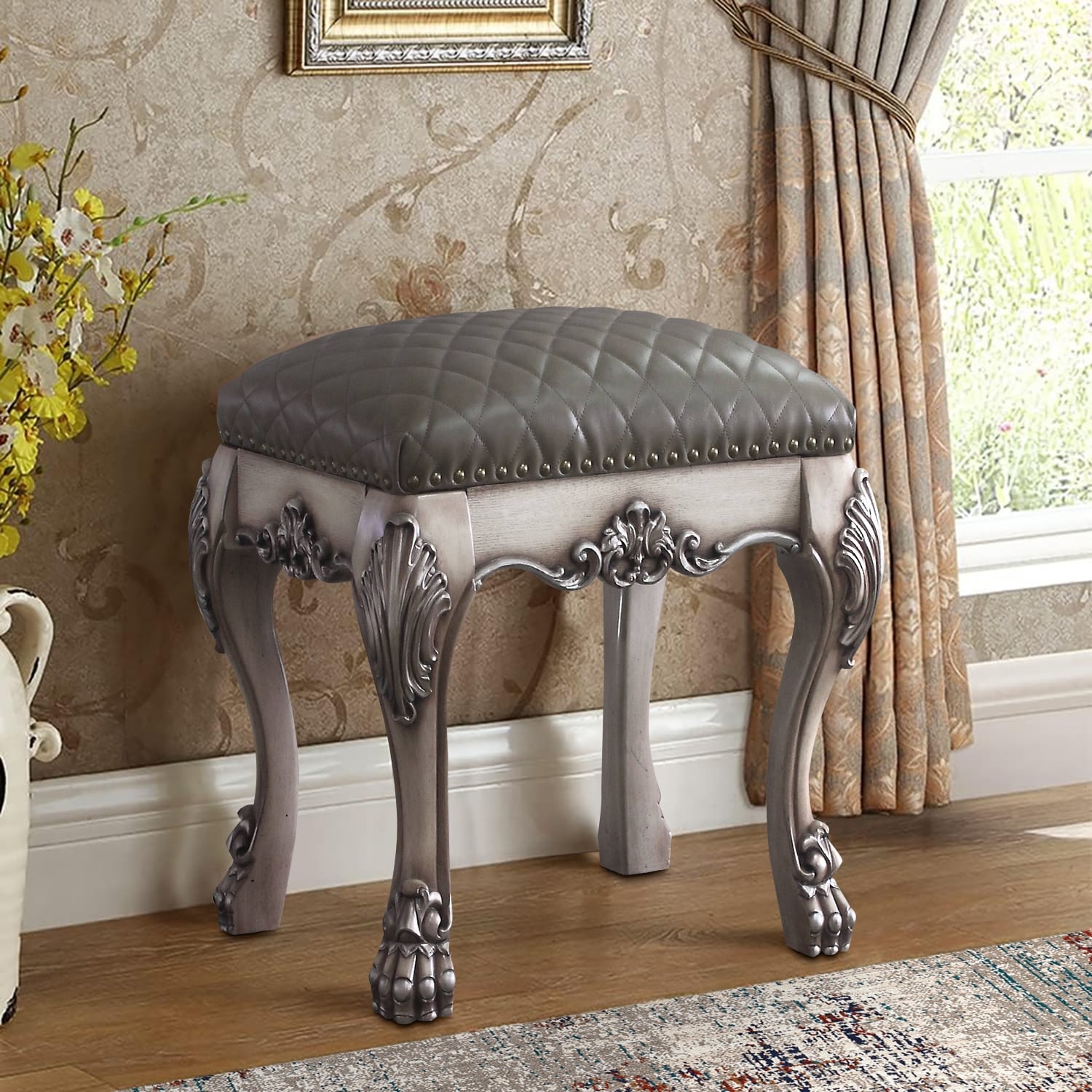 Adison Grey and Vintage Bone White Vanity Stool with Tufted Seat