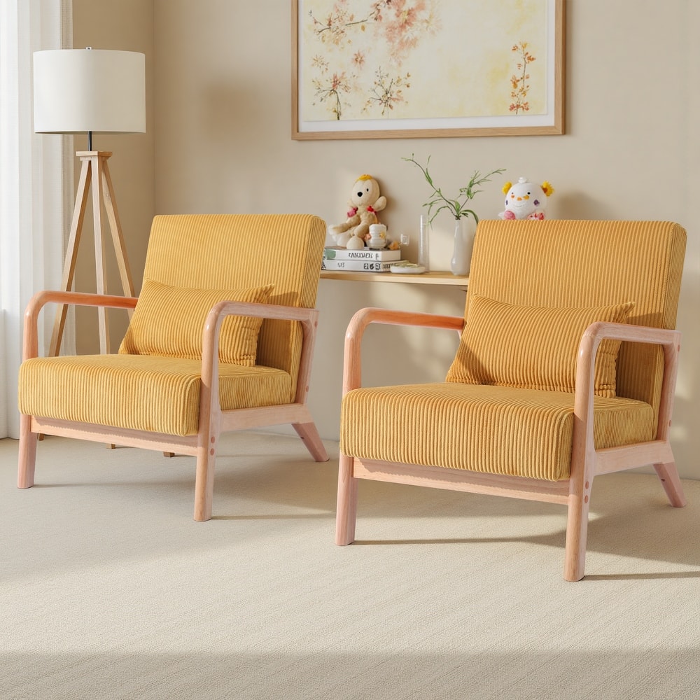 25" W Mid Century Upholstered Wood Accent Chair with Pillow set of 2
