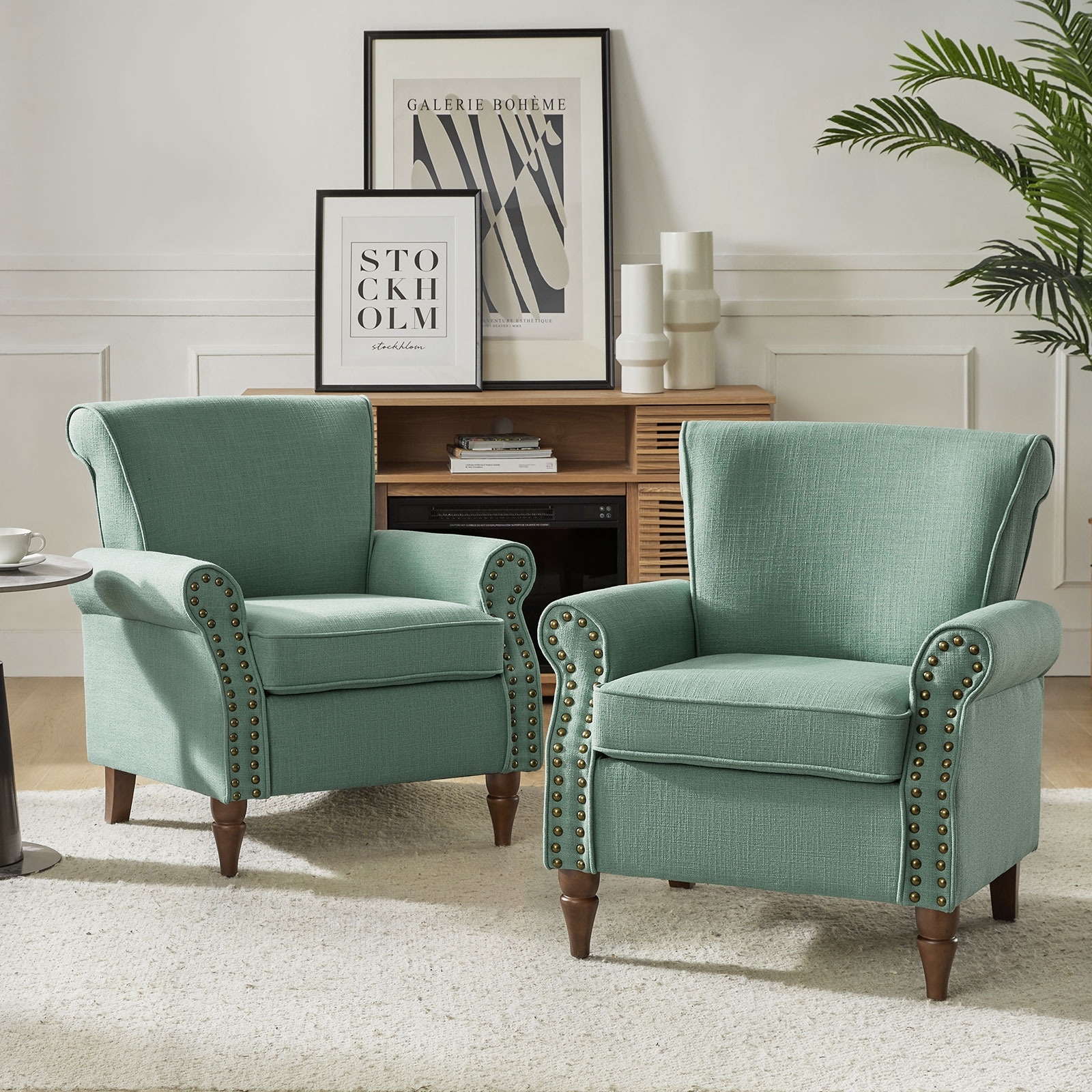 Nyctelius Classic Upholstered Wingback  Accent chair with Wooden Legs and Nailhead Trim  Set of 2 by HULALA HOME