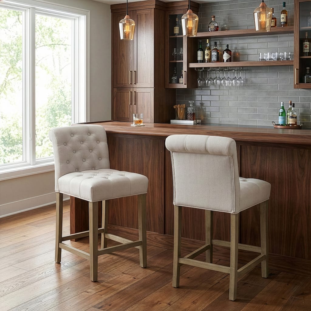 Set of 2 Aleen Beige Fabric Counter Stool with Roll Back and Buttons