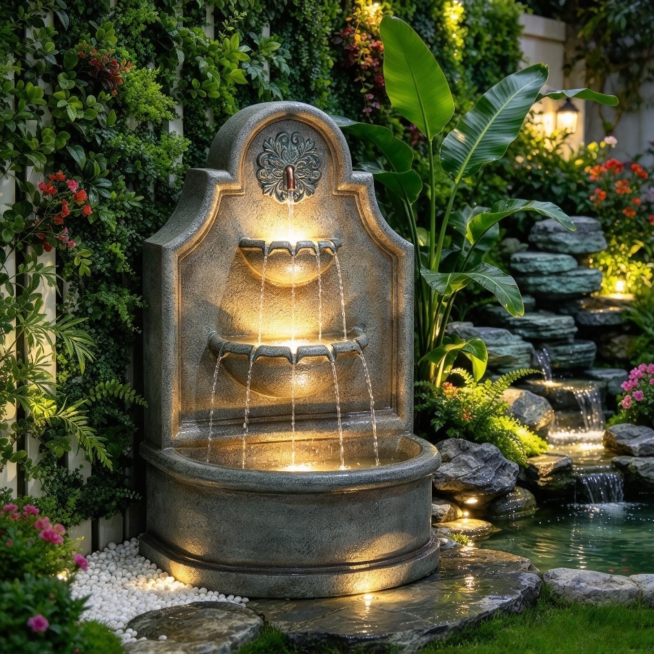 37"H Oversized Antique European Style 3-Tier LED Polyresin Outdoor Fountain