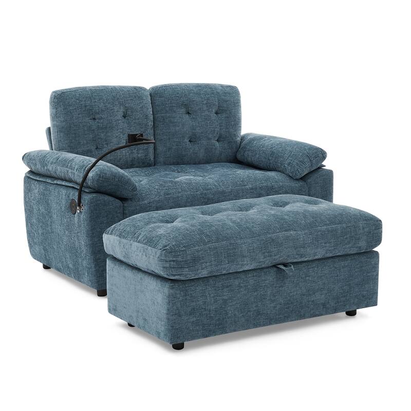 Double Recliner Chair with Adjustable Backrest, Storage Ottoman, USB Port & Phone Stand