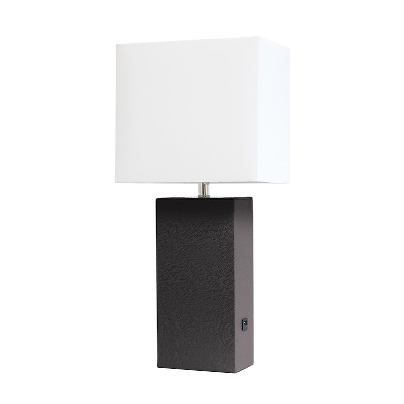 Modern Leather Table Lamp with USB and White Fabric Shade - Without Bulb - Brown