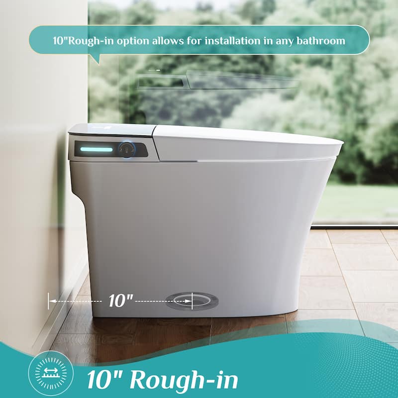 HOROW 10 Inch Rough In Tankless Elongated Smart Bidet Toilet 1.27 GPF White with Auto Open Close Foot Sensor and Ambient Light