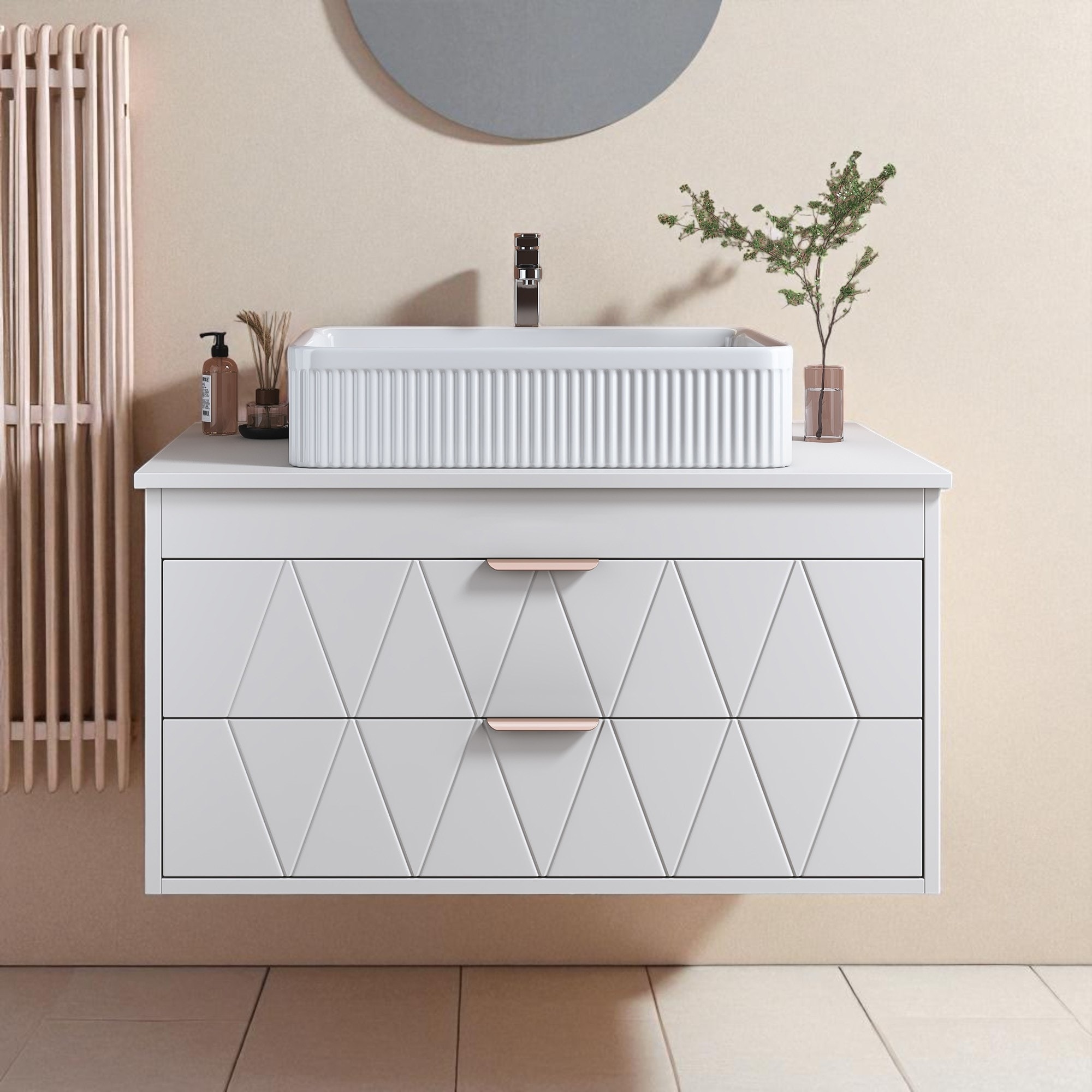 31.5" Modern Bathroom Vanity with Ceramic Vessel Sink and Storage Cabinet, Rose Gold Handles