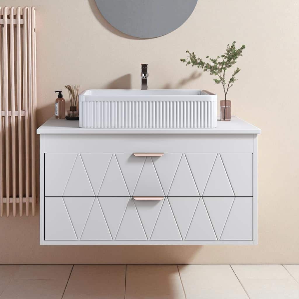 31.5" Modern Bathroom Vanity with Ceramic Vessel Sink and Storage Cabinet, Rose Gold Handles