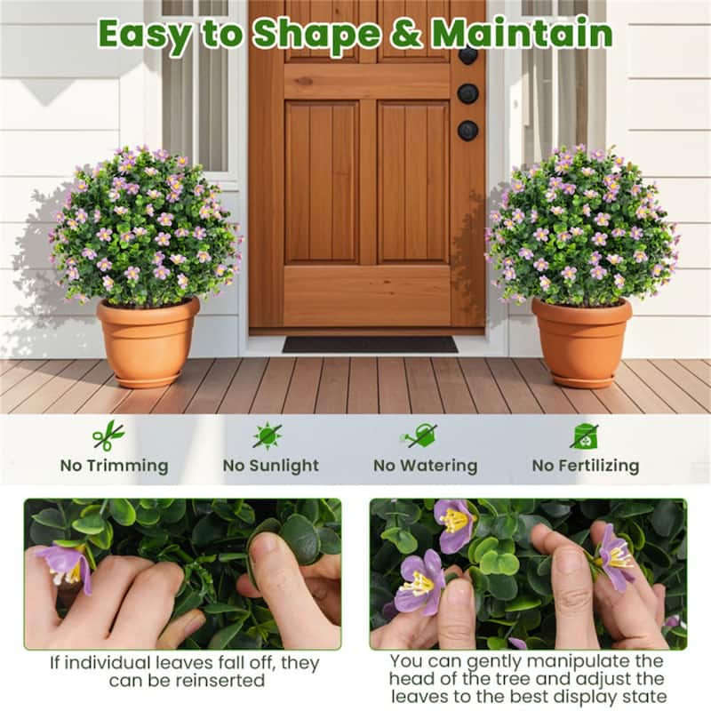 Set of 2 Artificial Boxwood Topiary Ball Trees with Purple and White Flowers Sun-Proof Cement Pot Low Maintenance - 6" x 21.5"