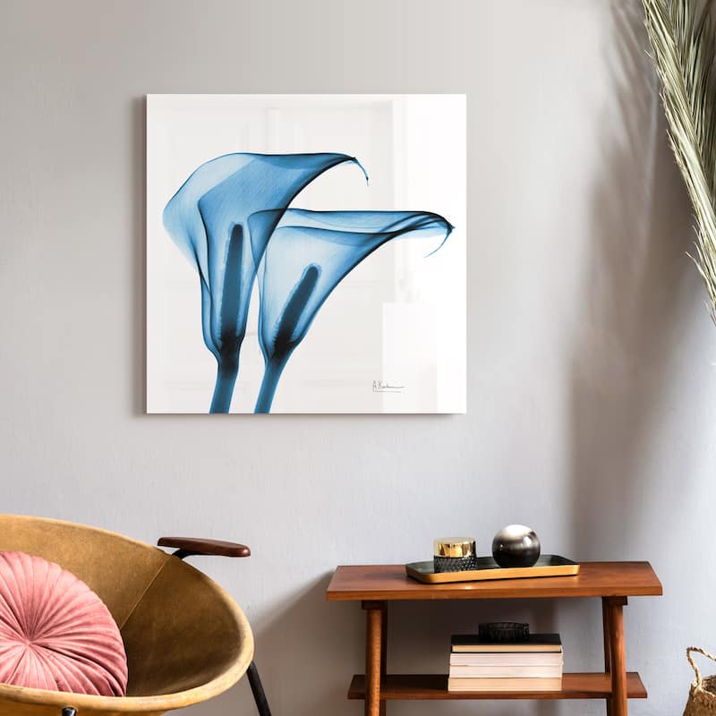 "Indigo Calla Lililes " Frameless Free Floating Tempered Glass Panel Graphic Wall Art